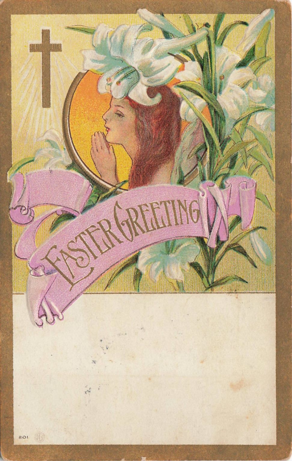 Antique 1909 Embossed Easter Greeting Postcard Praying Woman Lilies Cross