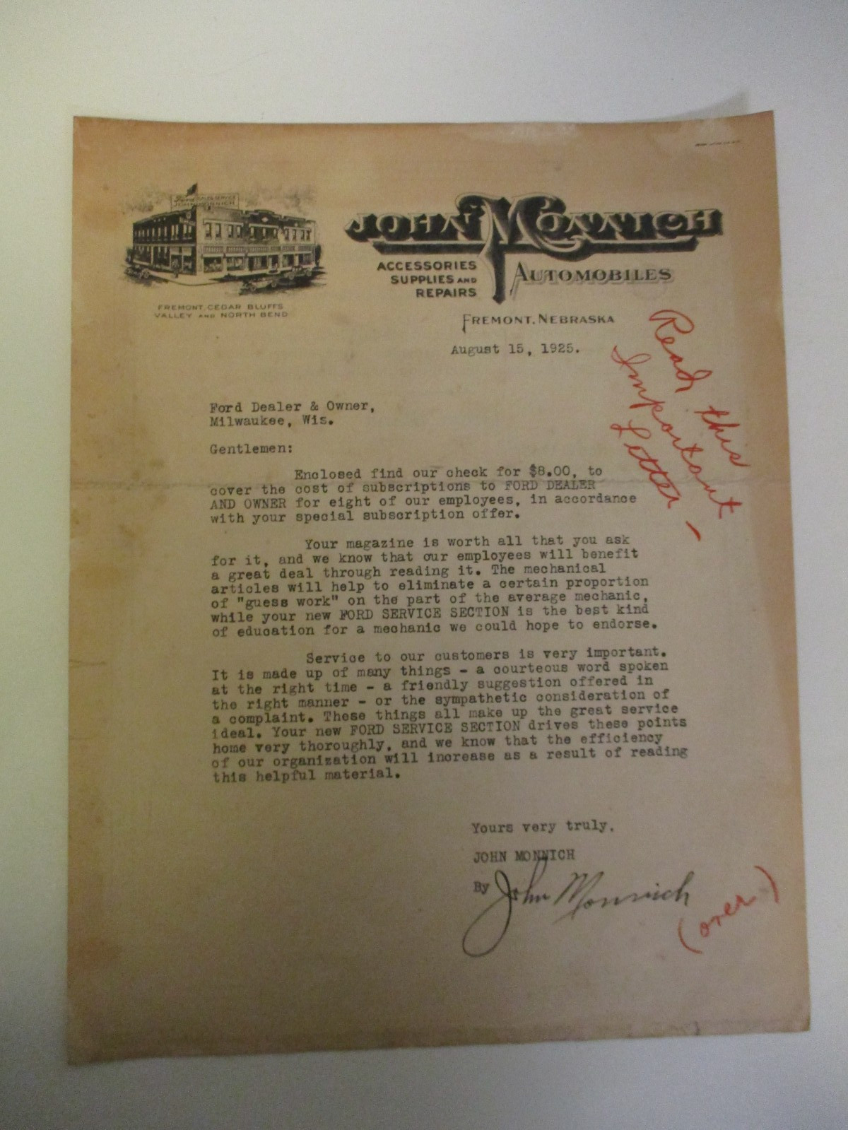 1925 John Monnich Automobiles - Fremont, Nebraska Letterhead