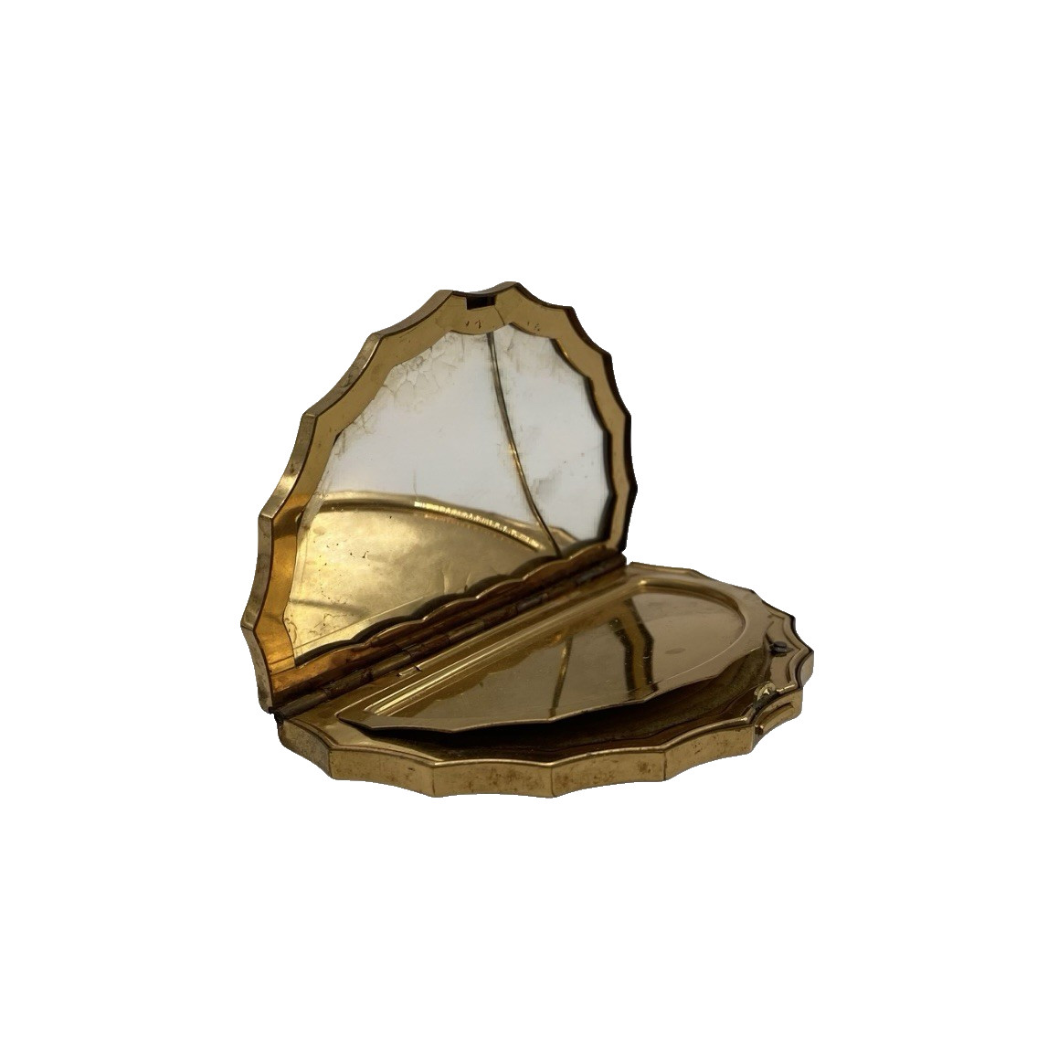 Vintage Art Deco Fan-Shaped Guilloche Powder Vanity Compact Case Cracked Mirror