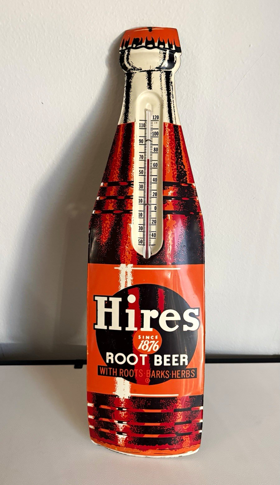 Original Vintage 1950s Hires Root Beer Tin Litho Bottle Thermometer Sign: Works