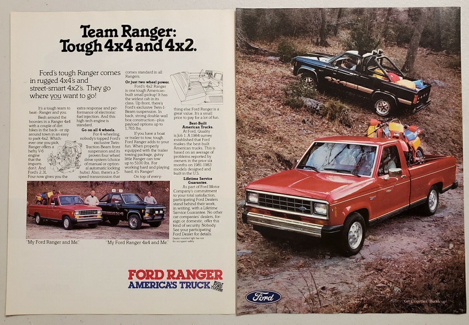 1985 Print Ad Ford Ranger Pickup Trucks 4x4 & 4x2 Rugged & Tough