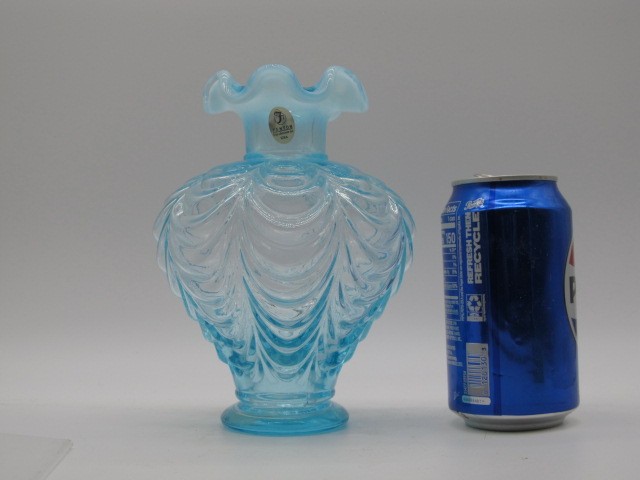Vintage Rare Fenton Blue Topaz Drapery Vase With White Cased Ruffled Top CB Vintage Rare Fenton Blue Topaz Drapery Vase With White Cased Ruffled Top CB