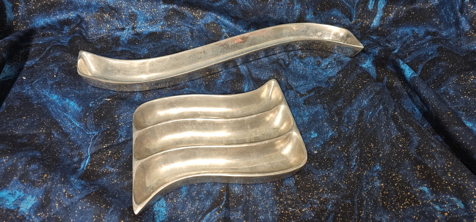 Vintage Danish Modern Cast Aluminum Wave Art Metal Trinket Dish Pair