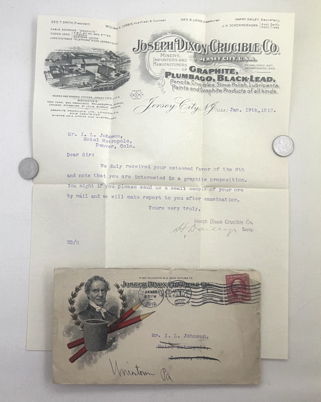 1912 Joseph Dixon Crucible Co - Granite Paints - Jersey City - Letter & Envelope