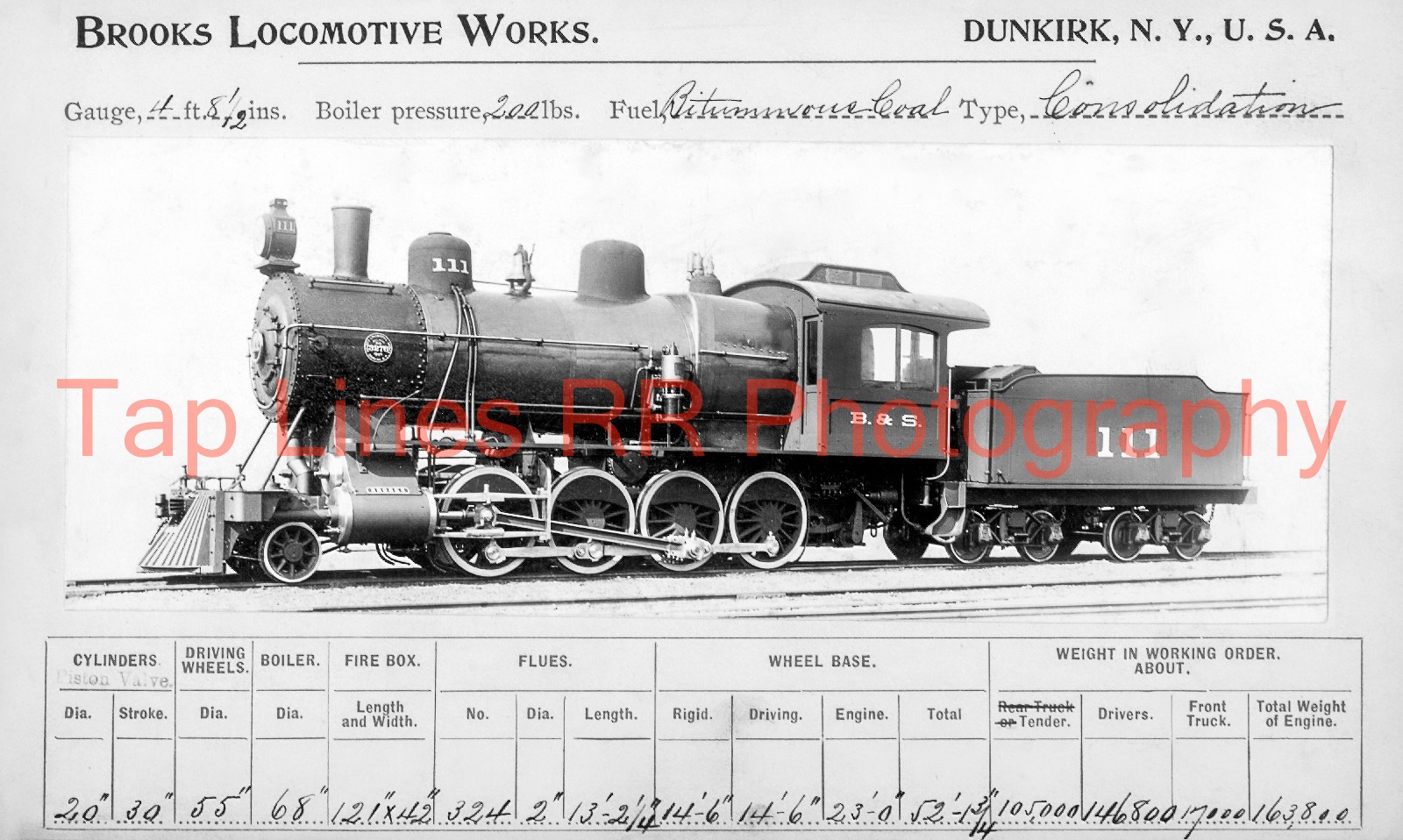 Buffalo & Susquehanna (2nd) #111 2-8-0 Brooks Builders Card 8-1899 NEW 5X8 PHOTO