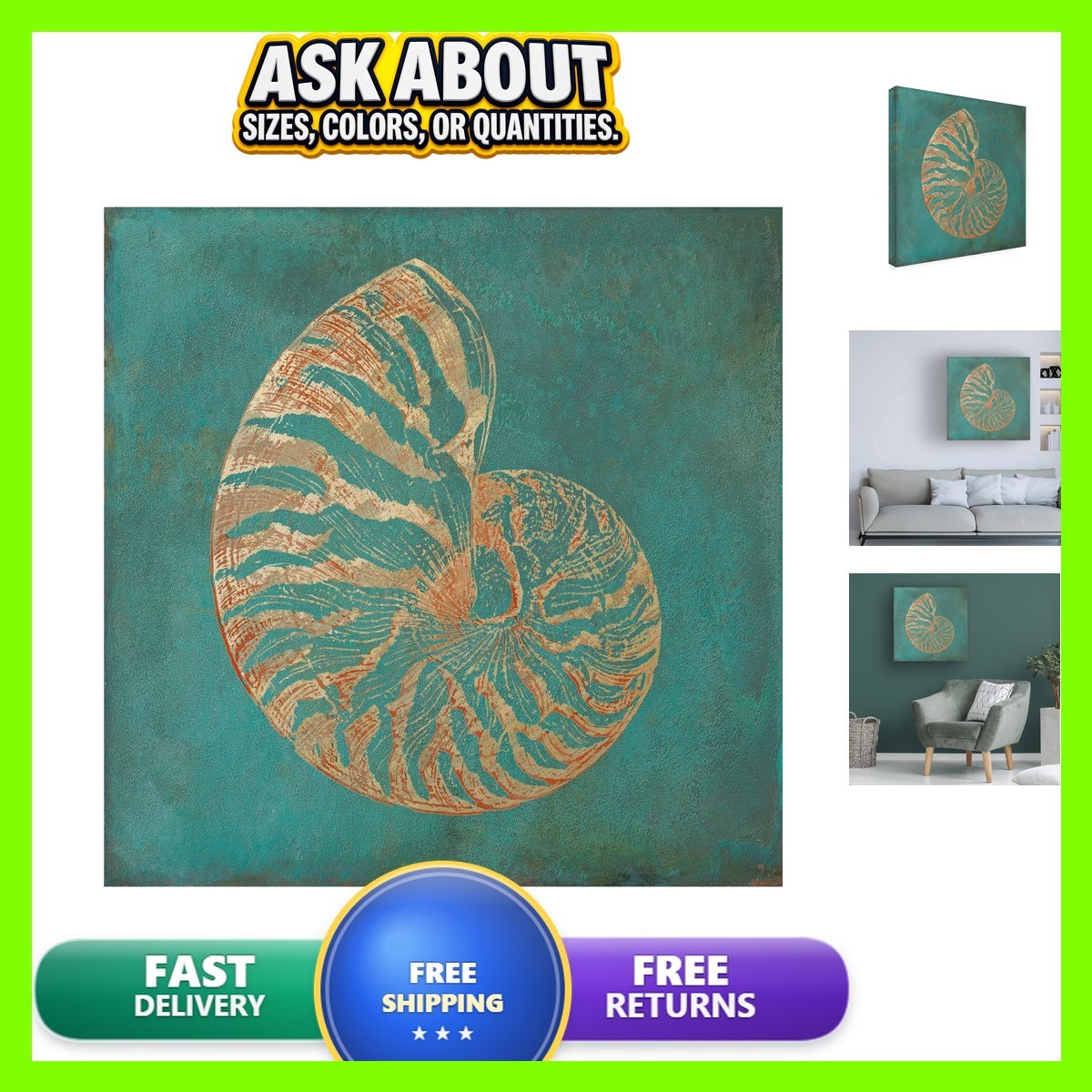 Trademark Fine Art Nautilus Shell Gold on Turquois Canvas Art by Cora Niele