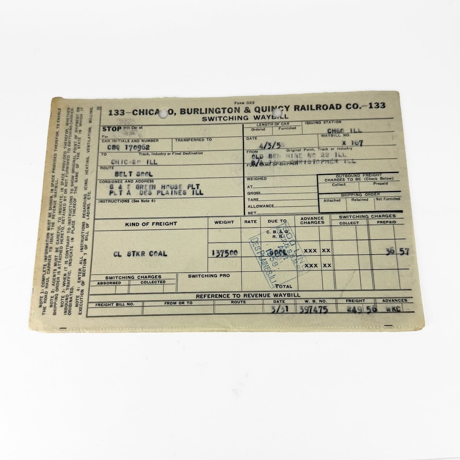 Vintage 1958 Chicago Burlington & Quincy Railroad Switching Waybill CBQ 170932