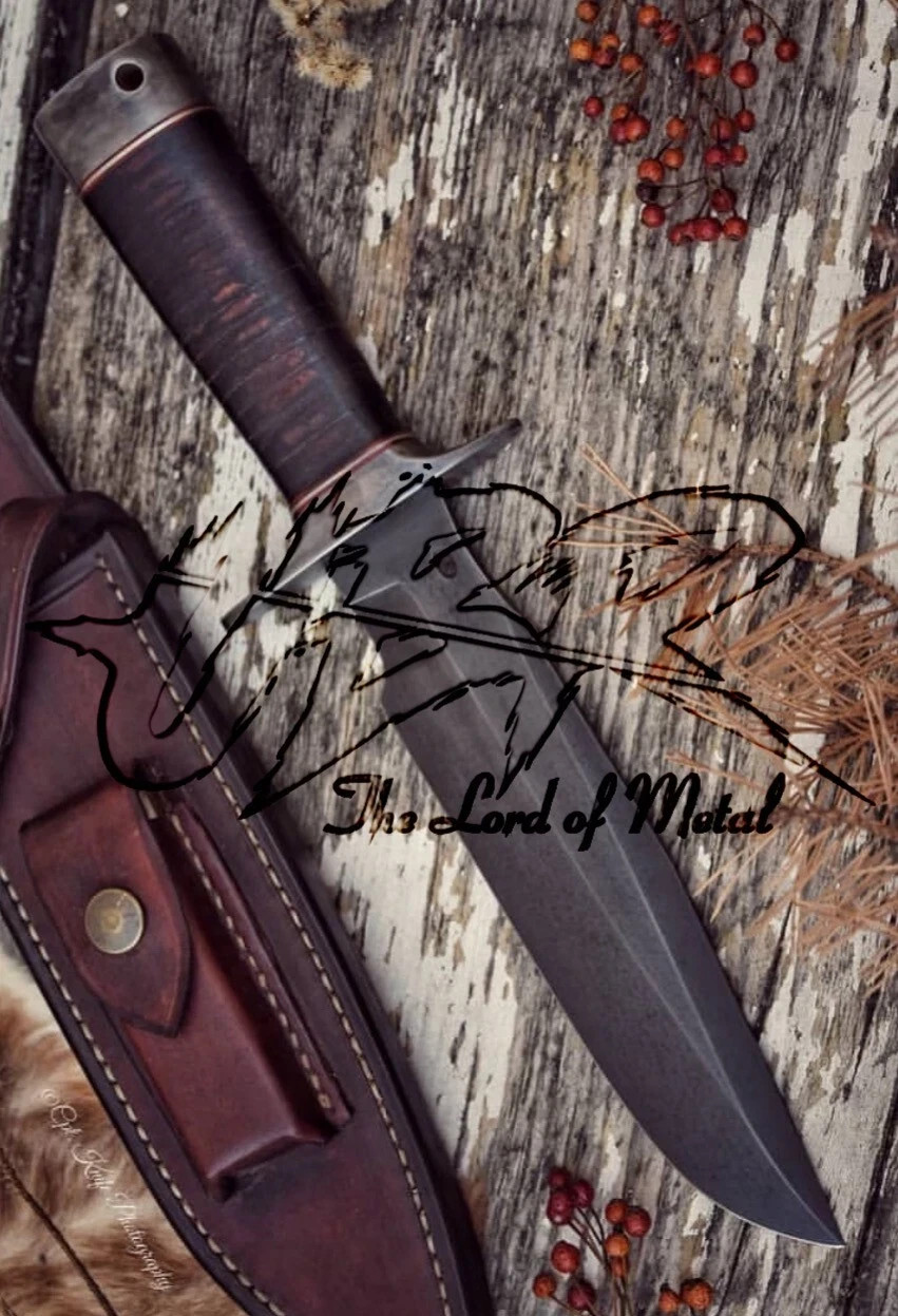 Custom Handmade Carbon Steel Stacked Leather Hunting Bowie Knife With Sheath