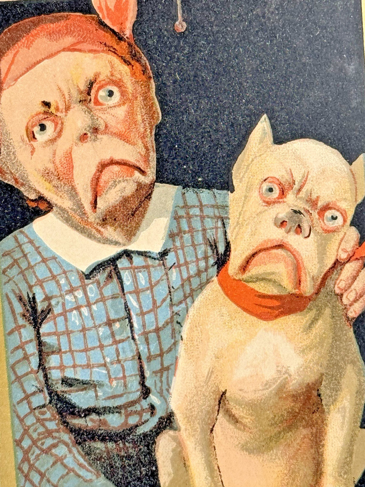 1890s Antique Victorian Trade Card Man & Bulldog Resembling Each Other Ephemera