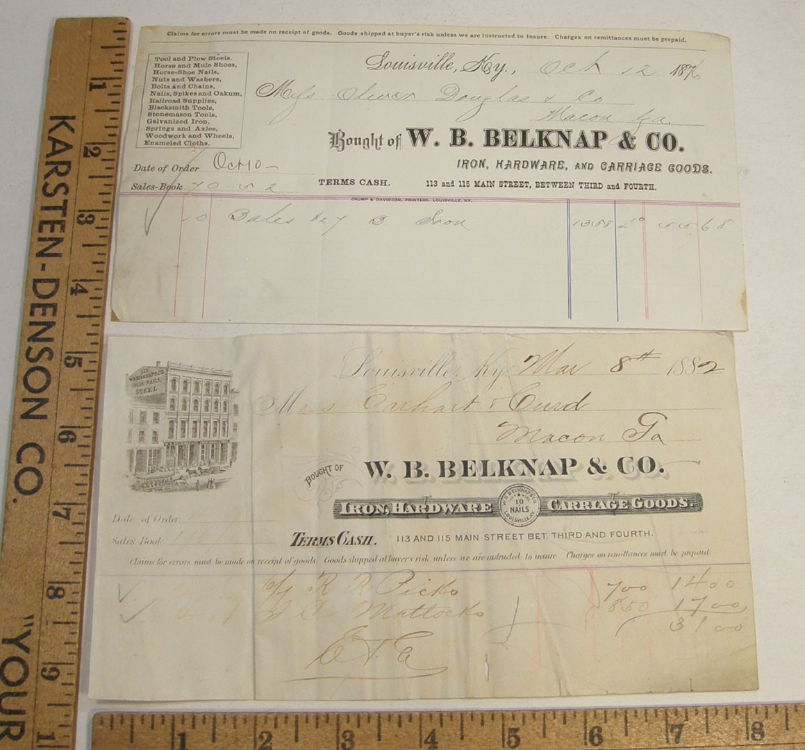 ANTIQUE 1876 BILLHEAD W B BELKNAP IRON HARDWARE CARRIAGE GOODS LOUISVILLE KY