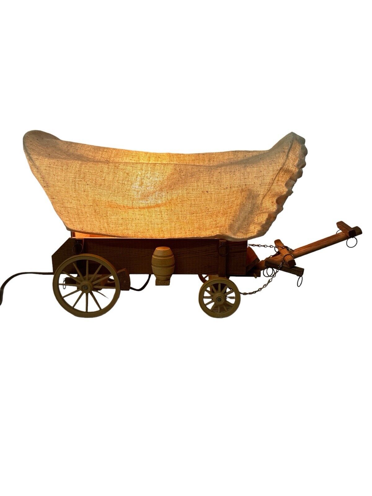 Vintage Covered Wooden Handmade Pioneer Wagon Lamp Working 17” X 10” X 7”