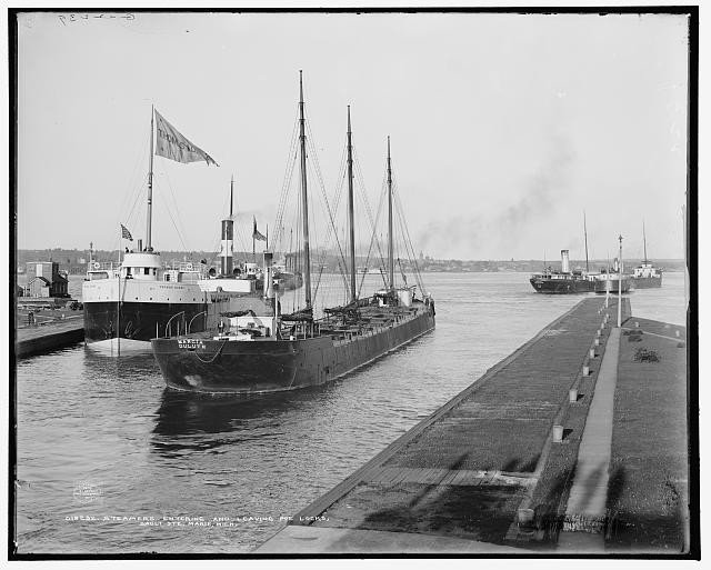 Sault Ste Marie Michigan c1905 Poe Locks Steamers Entering and Leaving