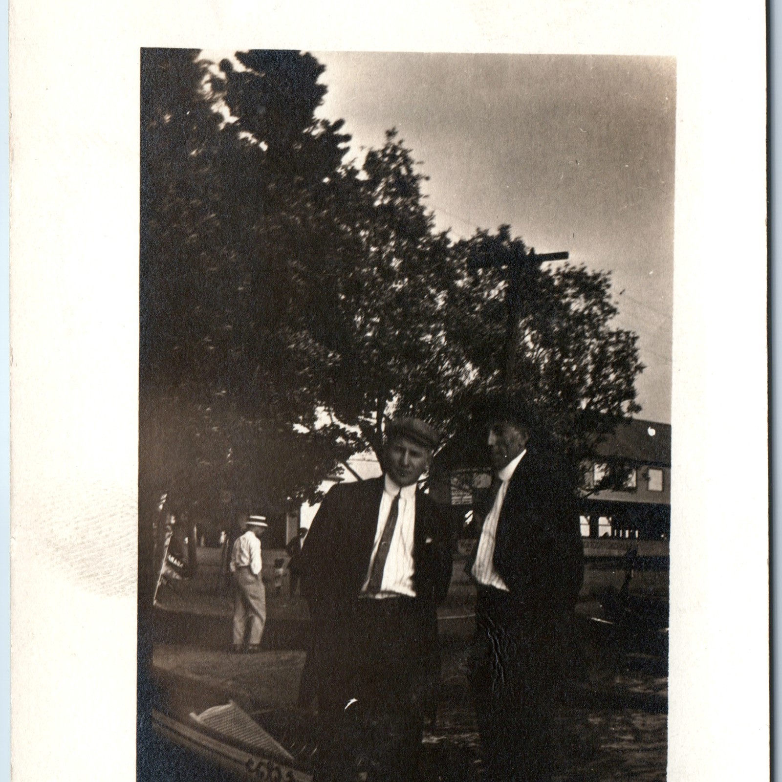 c1910s Outdoor Gangster Men RPPC Cool Guys Newsboy Cap Boat House Photo PC