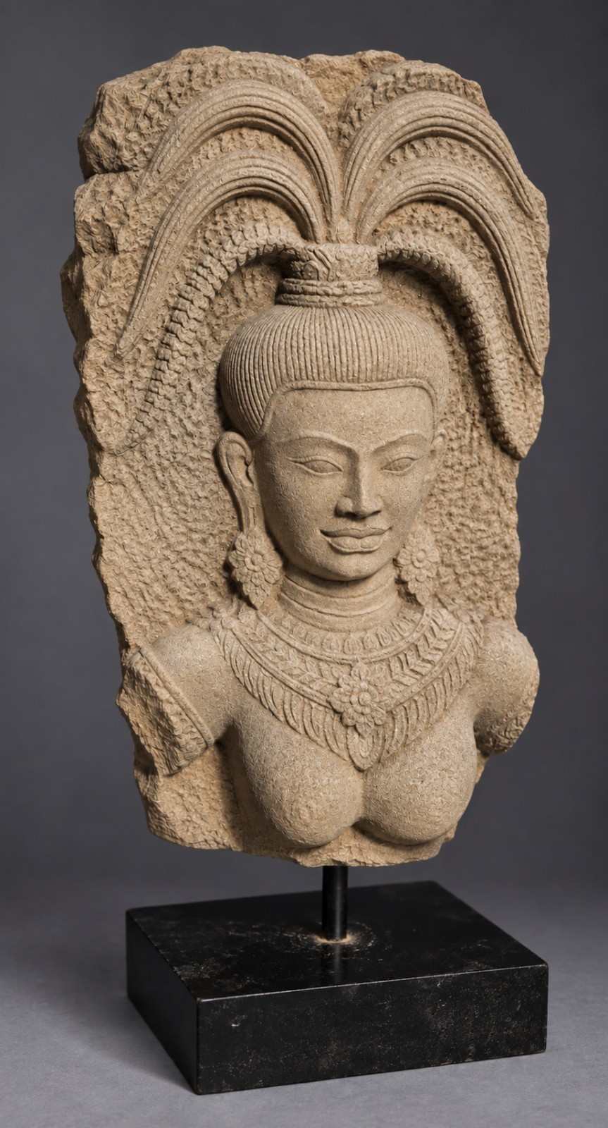 Khmer Style Apsara Devata Hand Carved Stone Relief Sculpture 9.8lb w/ Stand