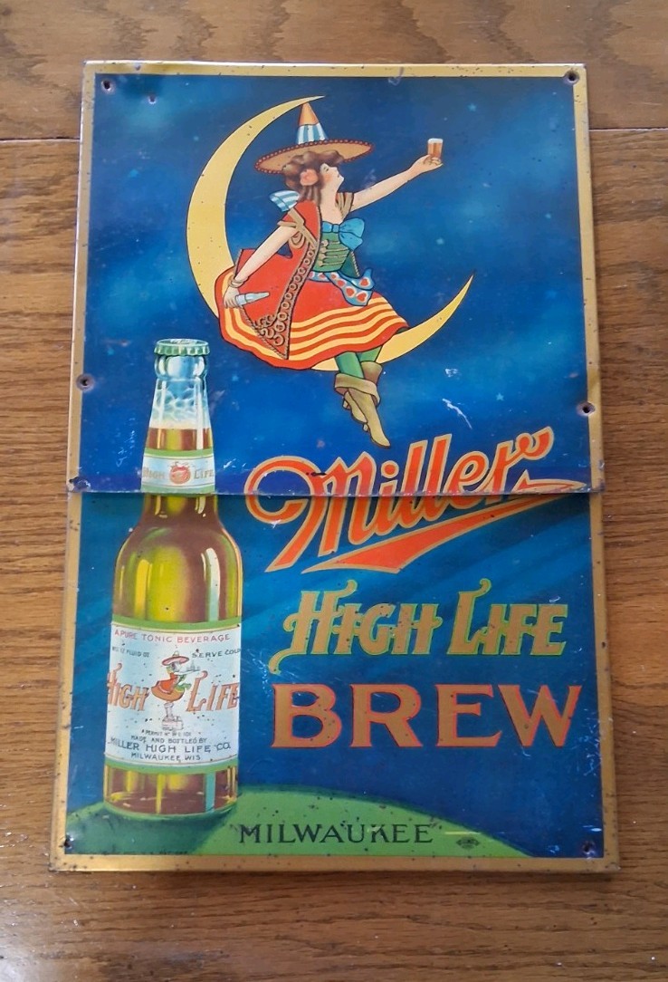 Vintage Original Miller High Life Beer Milwaukee Metal Sign Girl On The Moon