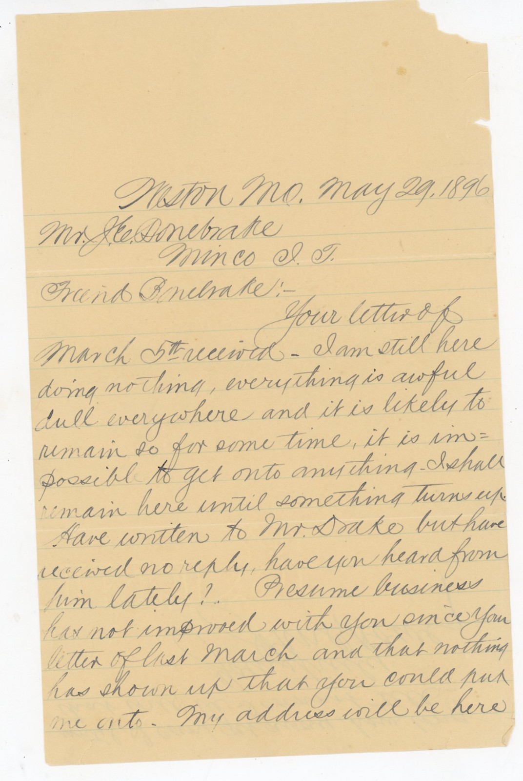 1896 Letter Weston MO to Minco Indian Territory John C Howe Economic Depression