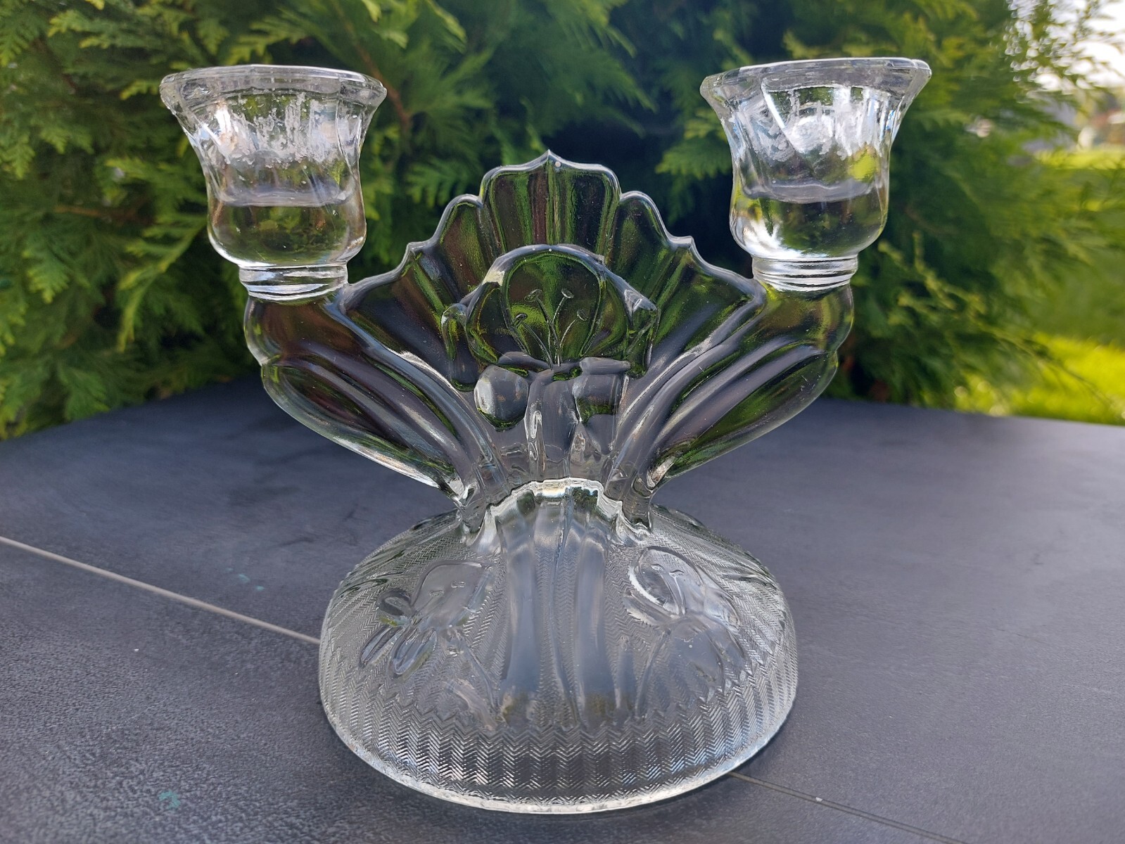 ART DECO DOUBLE CANDLE HOLDER- 1930'S JEANNETTE GLASS-IRIS & HERRINGBONE PATTERN