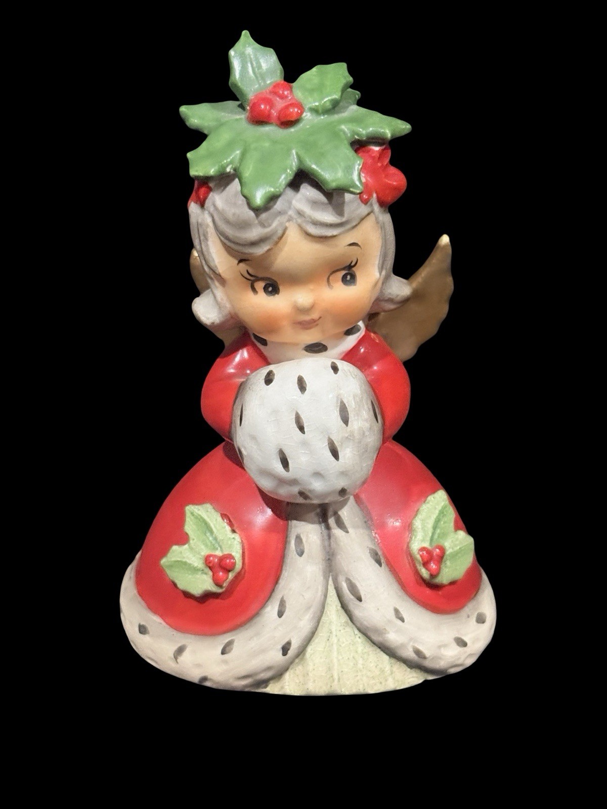 Vtg Lefton Christmas Poinsettia Girl Angel Bell Ceramic Japan RARE