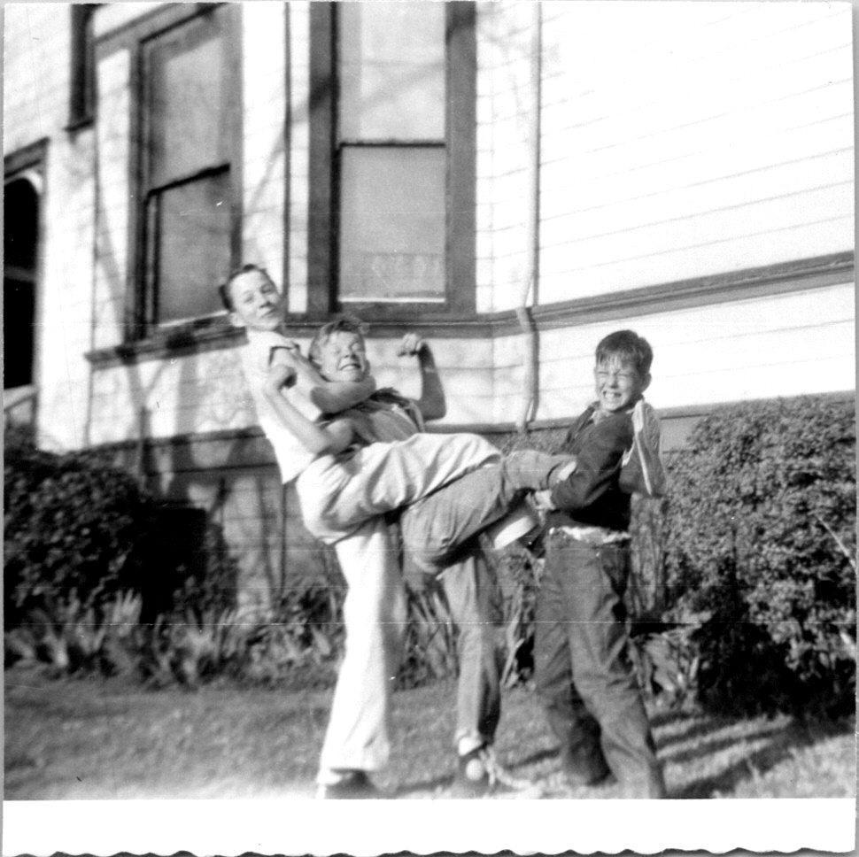 Three Young Boys Outside Being Silly B+W Found Photo V2744