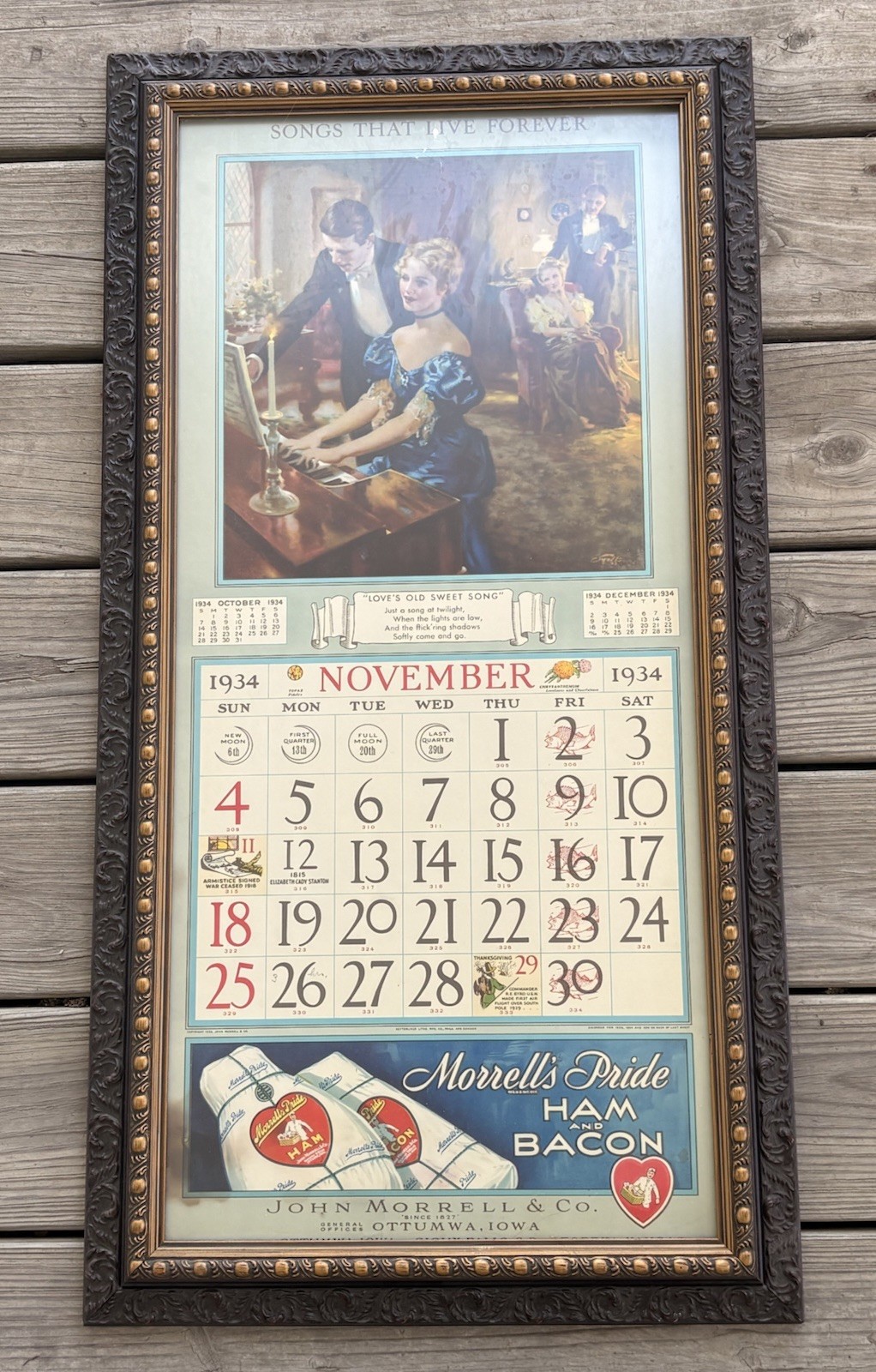 1934 John Morrell Pride Ham Bacon Advertising Calendar Ottumwa Iowa Framed 33x17