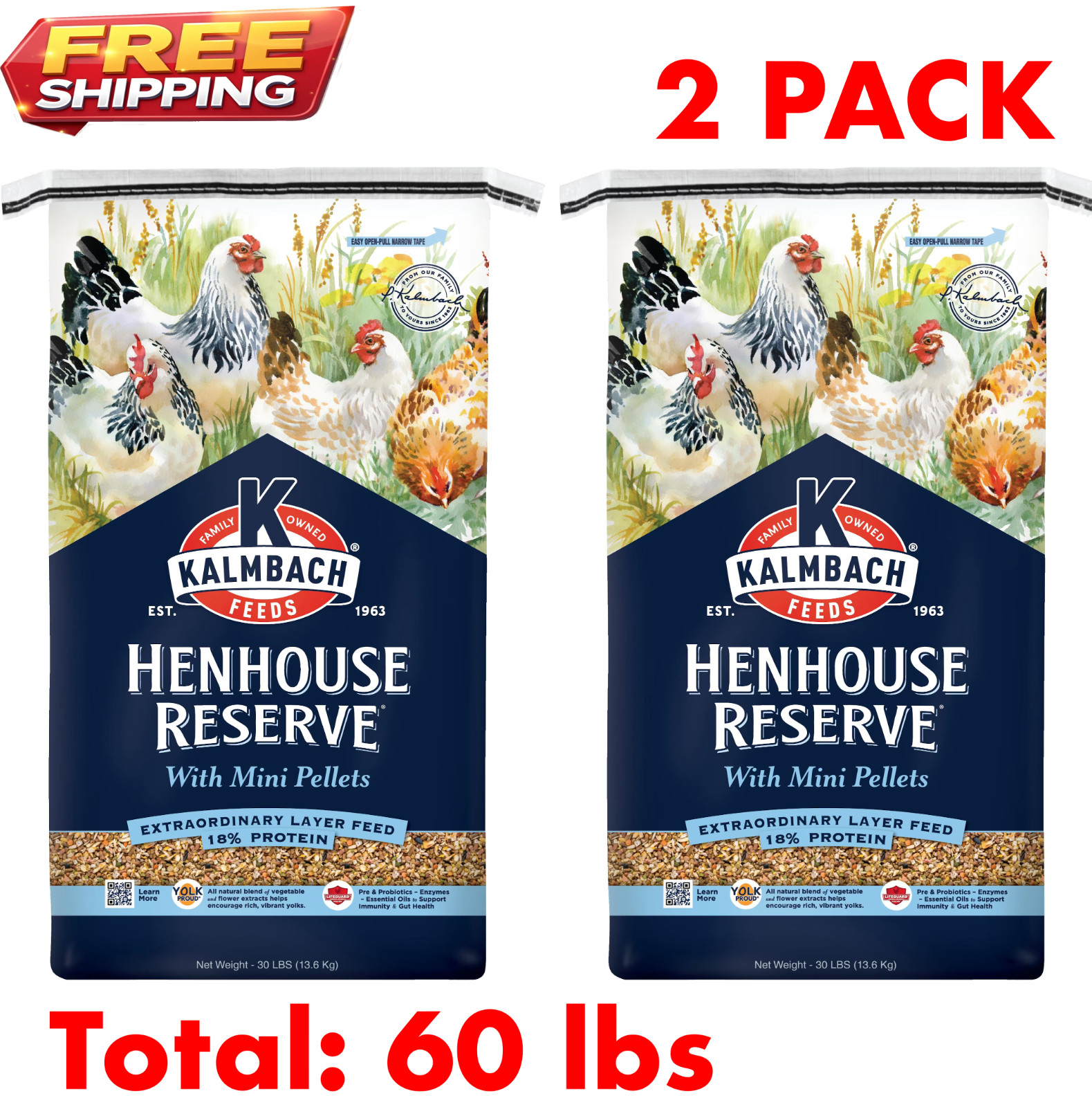 2 PACK - Kalmbach Henhouse Reserve Layer Chicken Feed Whole Grains Formula, 30lb 2 PACK - Kalmbach Henhouse Reserve Layer Chicken Feed Whole Grains Formula, 30lb