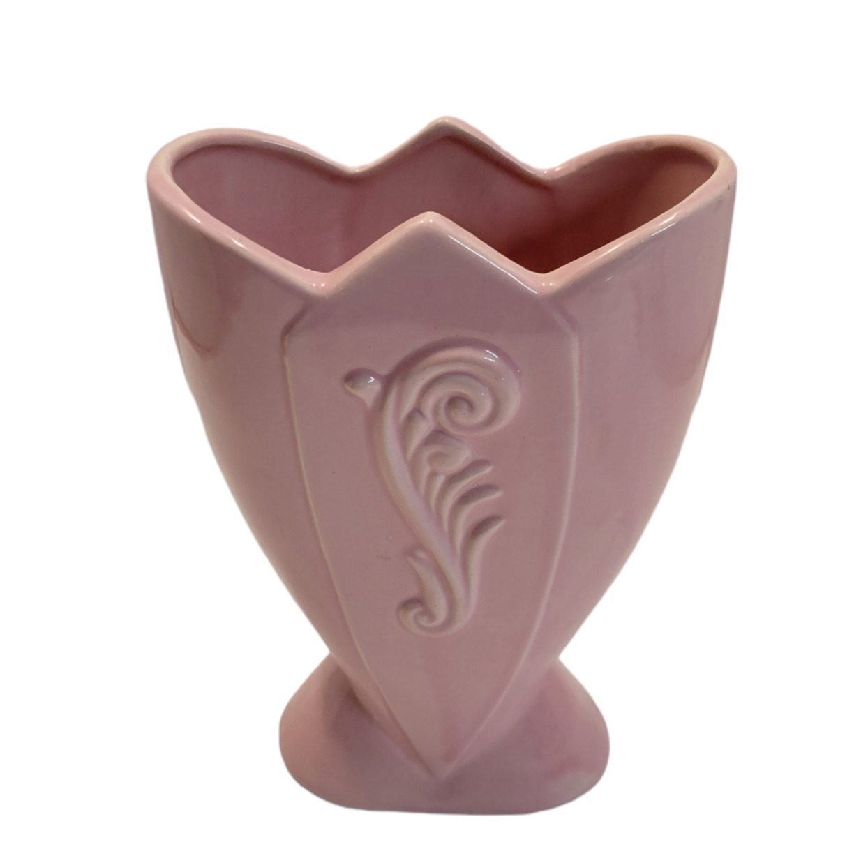 Vintage 1940 Fredericksburg Pottery Fan Vase Ceramic Pink w/Floral Design