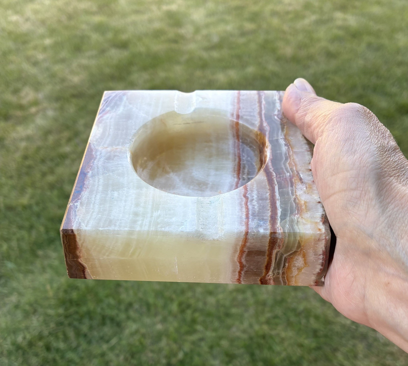 VTG Green Brown Onyx Marble Alabaster Ashtray Square Heavy Natural Stone MCM 4” VTG Green Brown Onyx Marble Alabaster Ashtray Square Heavy Natural Stone MCM 4”