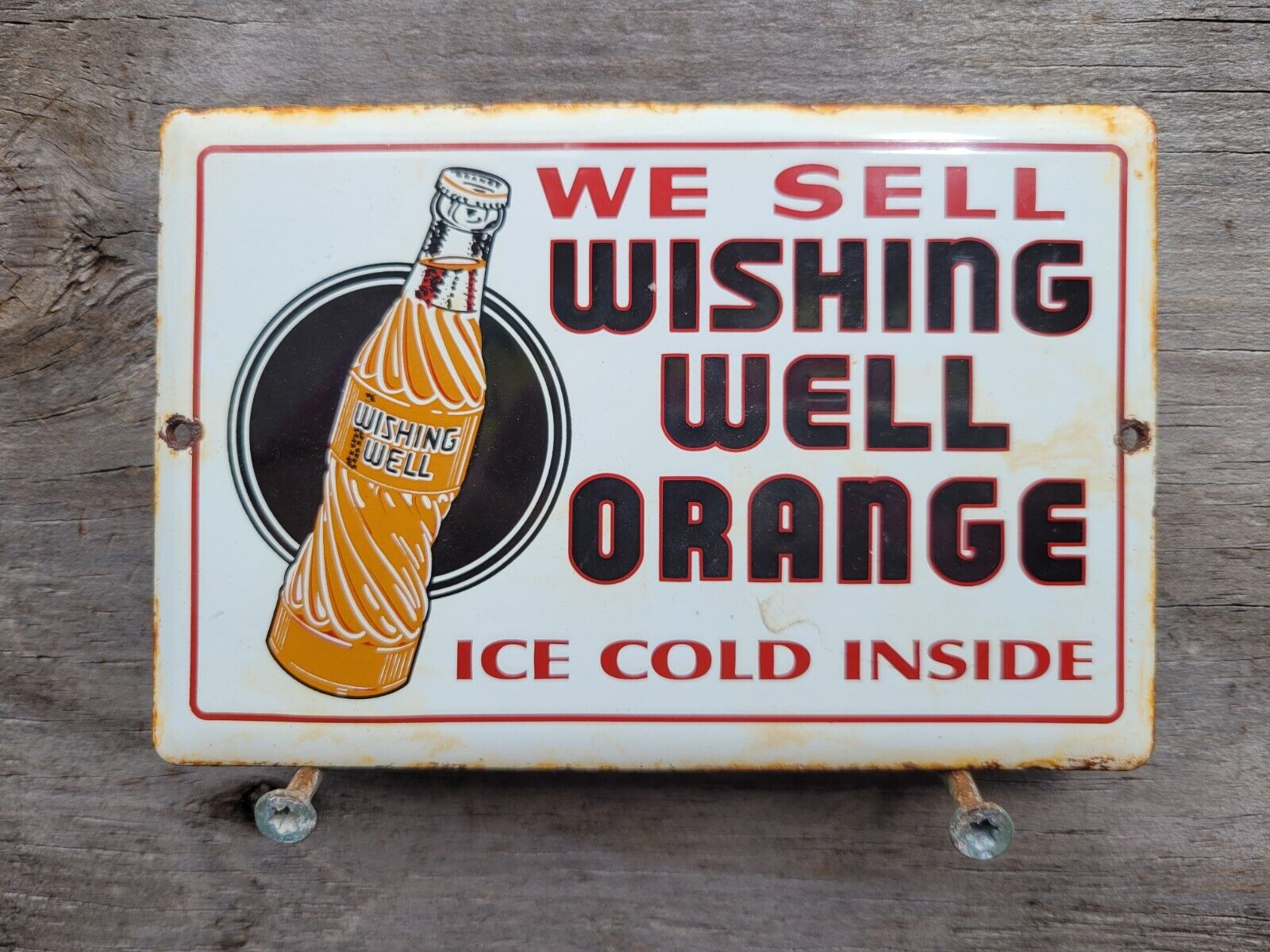 VINTAGE WISHING WELL ORANGE SODA PORCELAIN SIGN ICE COLD BEVERAGE BOTTLE STORE