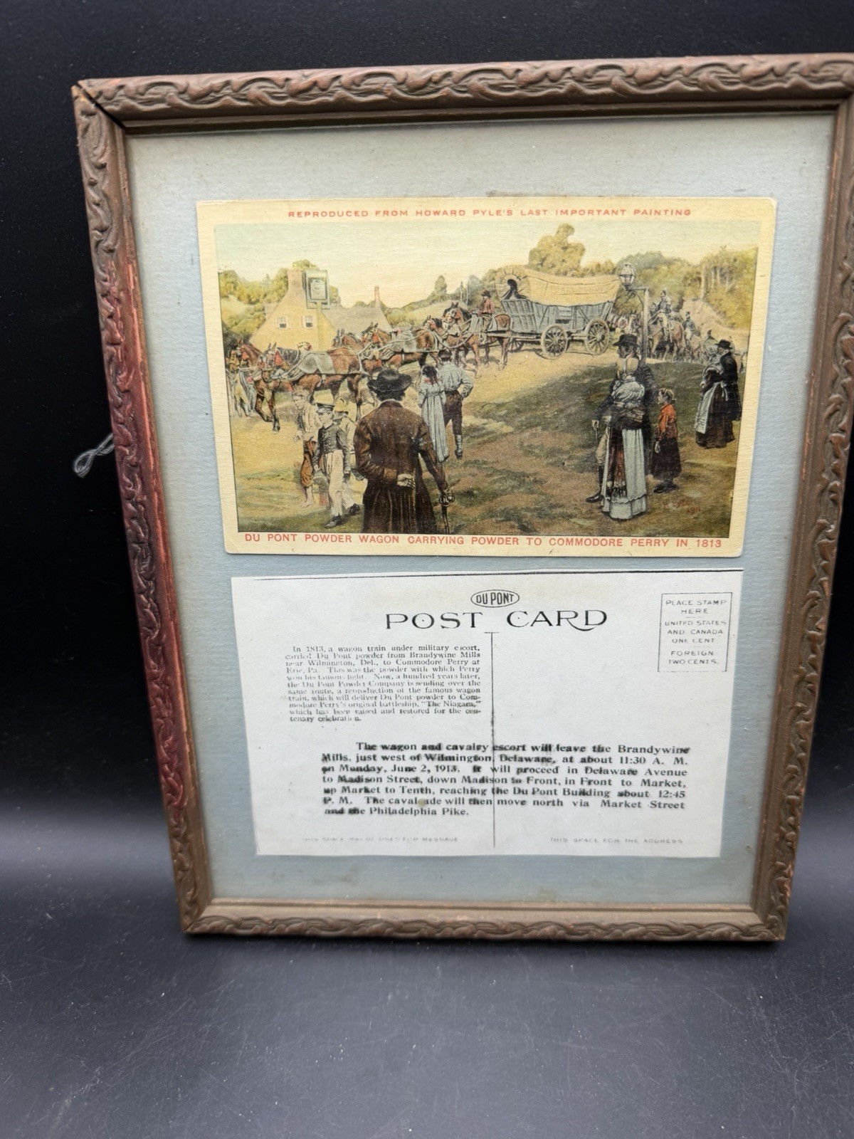 Framed Vintage 1913 DuPont Postcard Howard Pyle Powder Wagon Delaware 
