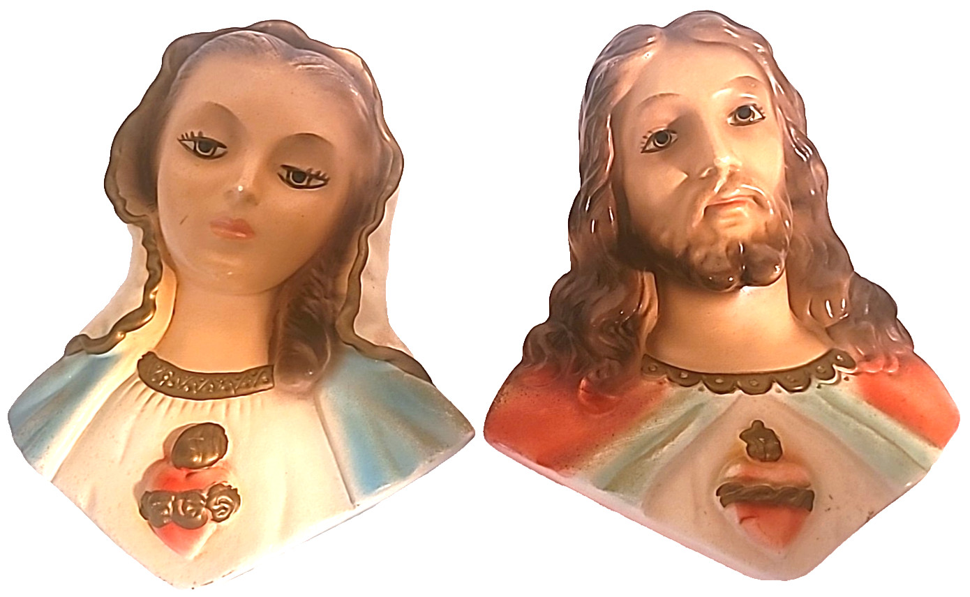 Vtg Set #2 Chalkware Busts 1930-40s Immaculate & Sacred Heart of Jesus & Mary