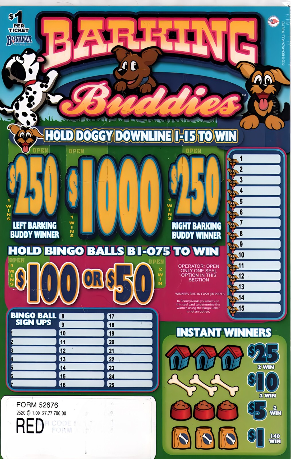 Pull Tab Ticket- Hard Card - Game - Holder - Barking Buddies - 2,520 ct