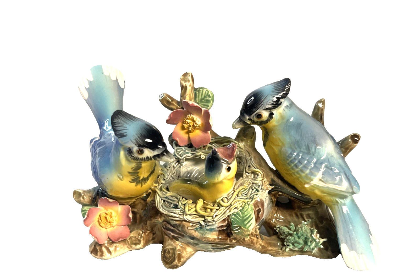 Vintage Jay Birds W/Nest Porcelain Flowers Spaghetti Trim Norcrest A115 3\ Vintage Jay Birds W/Nest Porcelain Flowers Spaghetti Trim Norcrest A115 3\