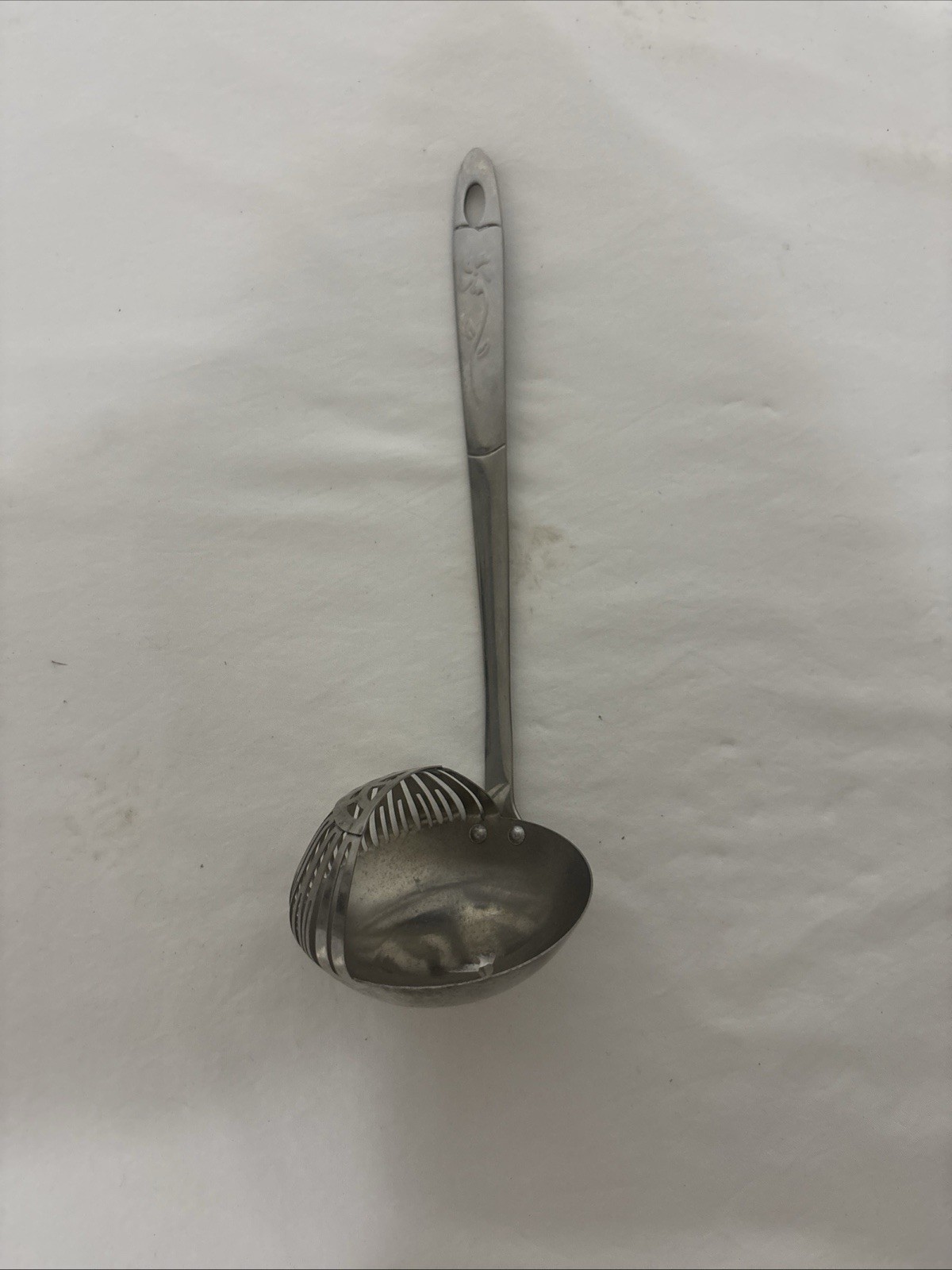 Vintage Stainless Steel Split Ladle Slotted Strainer Mid Century Kitchen Tool