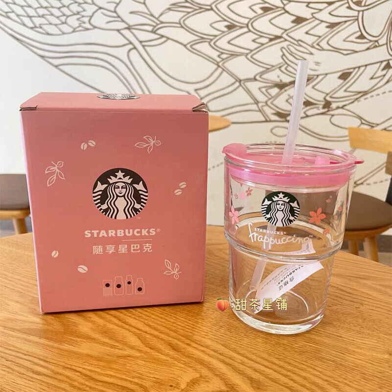 Starbucks Small Green 375ml Glass Straw Cup Milk Coffee Cup Tumbler Pink Sakura