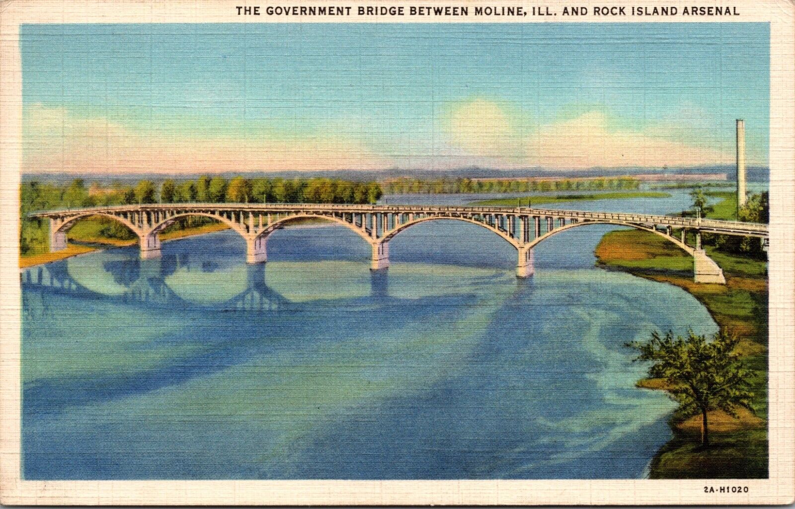 Moline, IL Illinois Government Bridge Between Rock Island Arsenal Linen Postcard