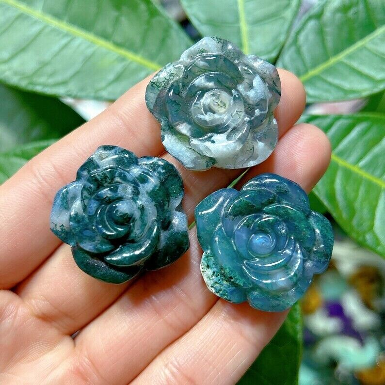Green Moss Agate Hand Carved Rose Flower Floral Crystal Stone Collection Gifts