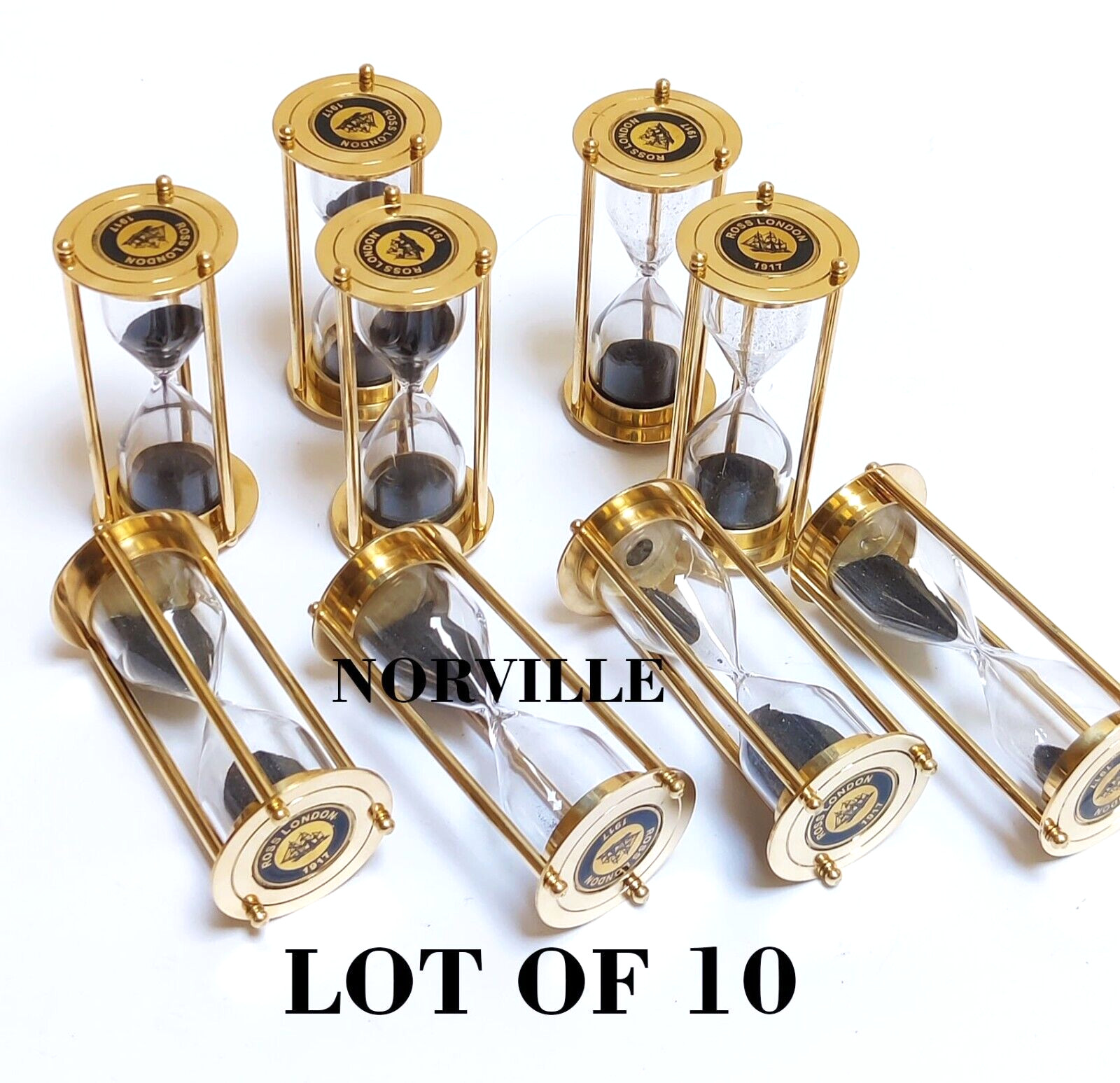 Lot Of 10 Vintage Brass Golden Sandtimer Hourglass Black Sand Clock Decor Gift