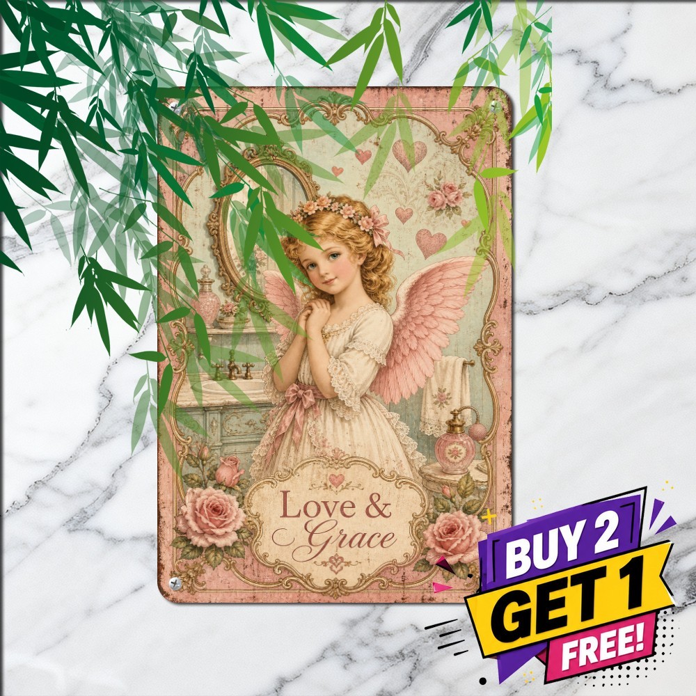 Angel Girl With Roses Shabby Chic Cottage Plaque Vintage Metal Tin Sign 8x12