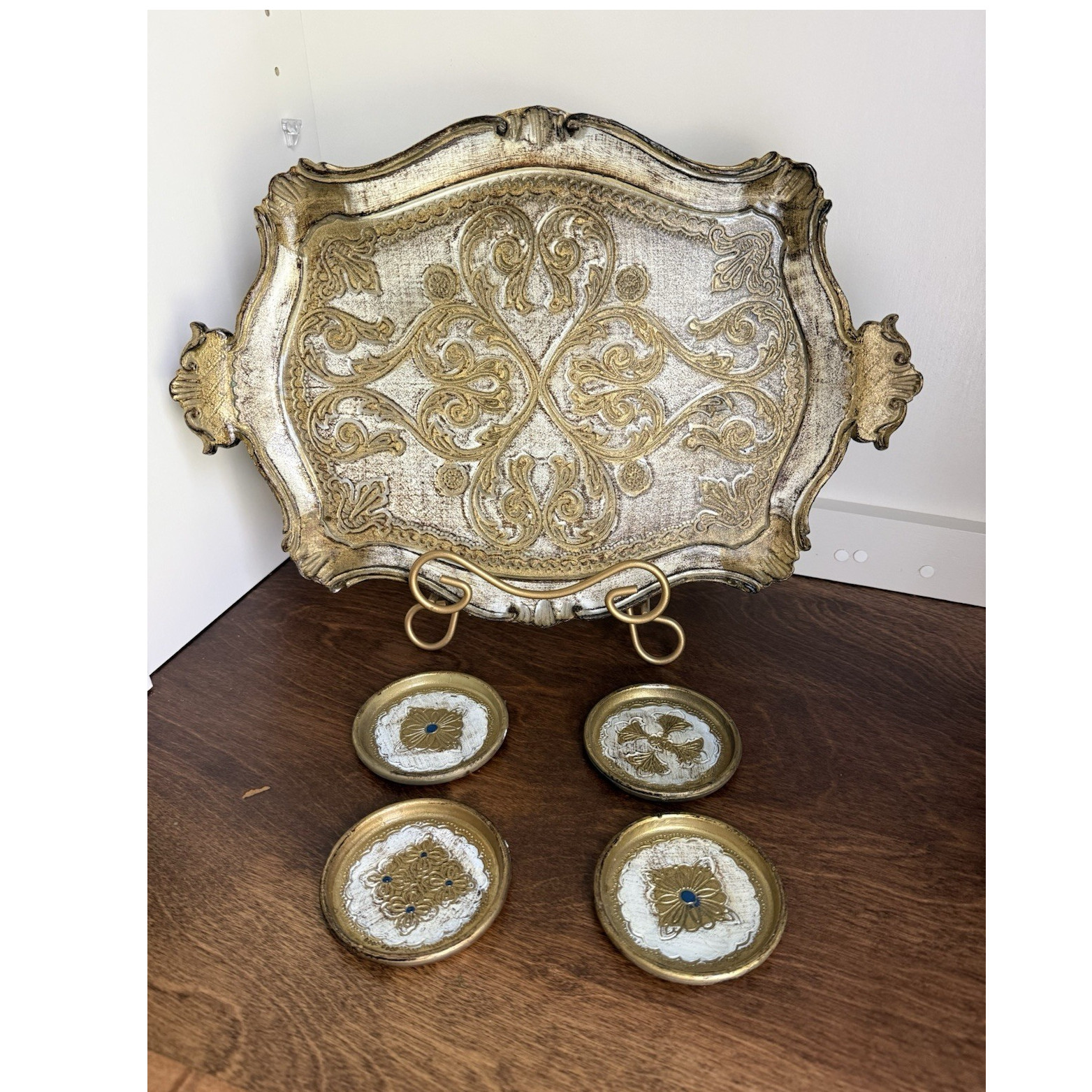 Vintage Mid-20th Century Italian Florentine Gold-Tone Gilded Tray W/ 4 Coasters