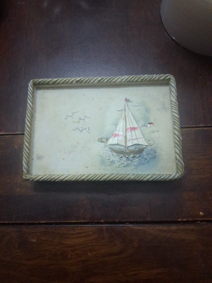 Vintage Nautical Sailboat Trinket Tray Rope Border Coastal Beach Decor Catchall