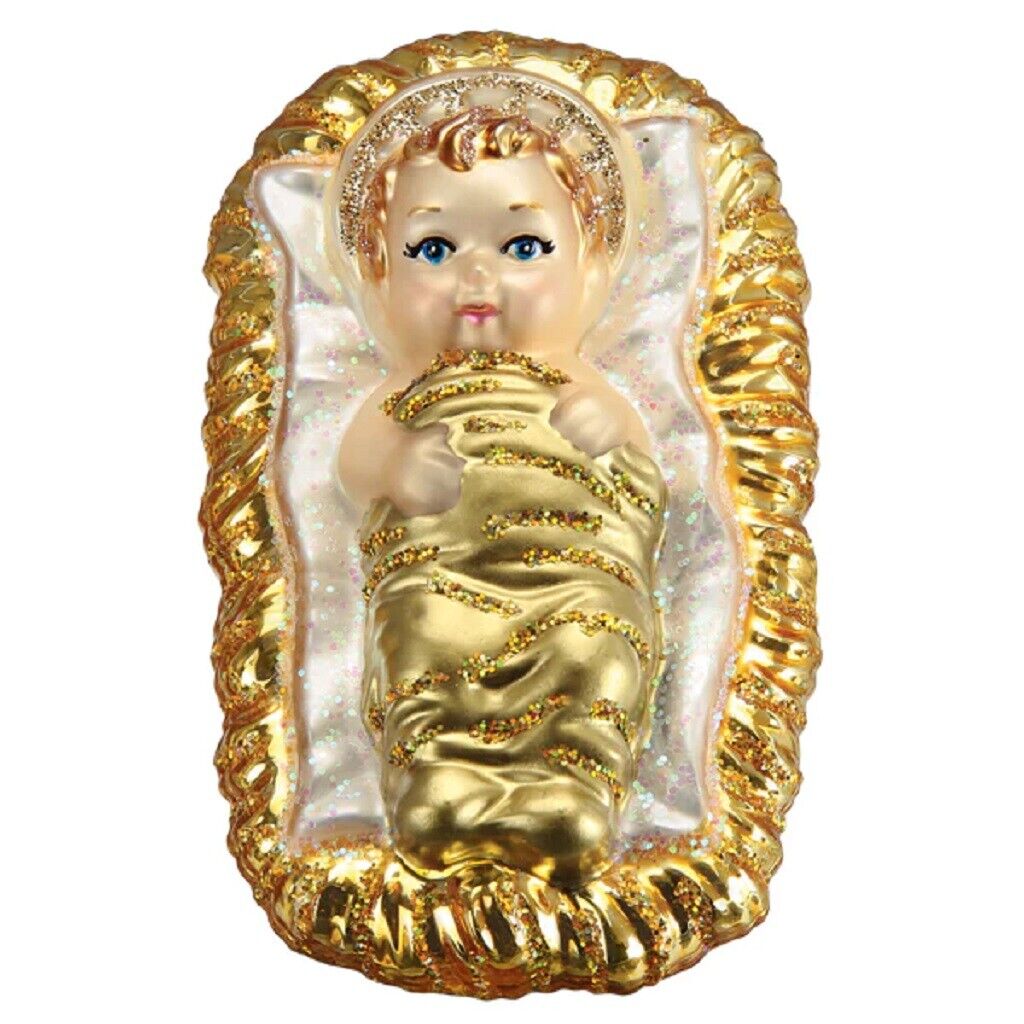Old World Christmas Gold Baby Jesus In Manger Glass Ornament FREE BOX 3.5 inch
