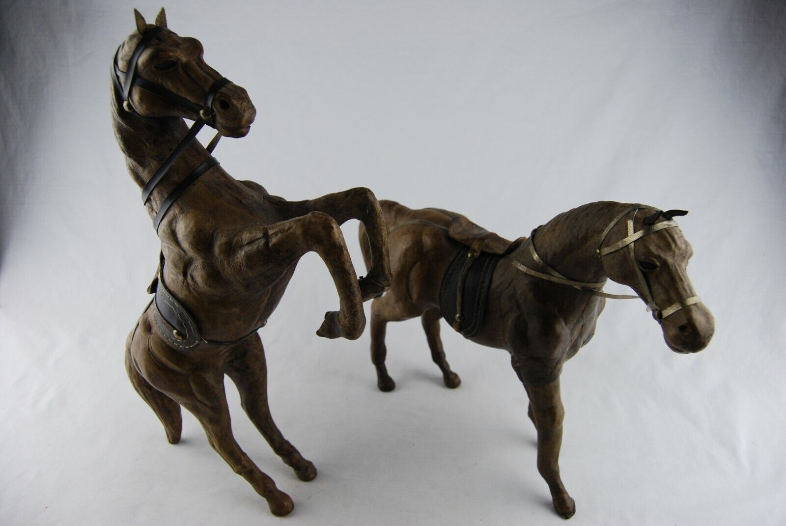 Pair of Vintage Leather Wrapped Horse Figure Figurine Statue Antique Equestrian