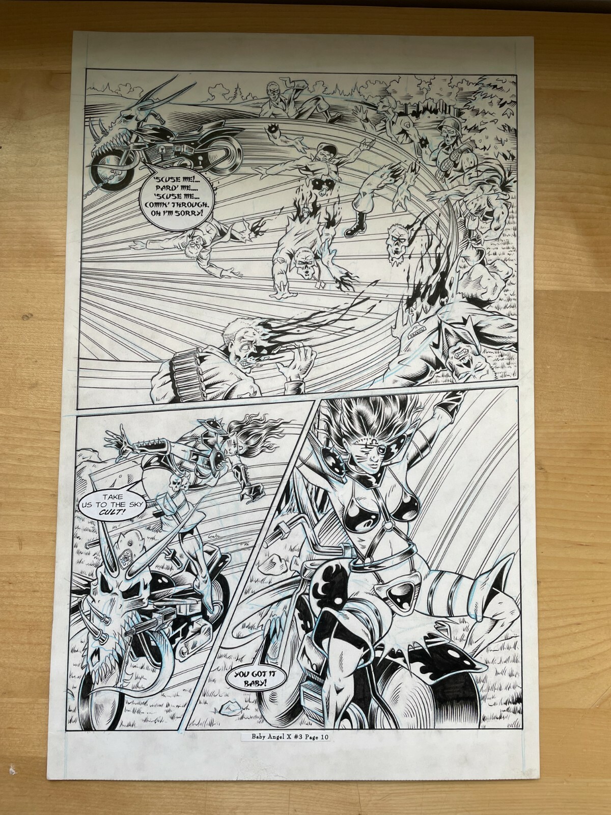 BABY ANGEL X #3 original art HALF SPLASH destroys ZOMBIES motorcycle BAD GIRL