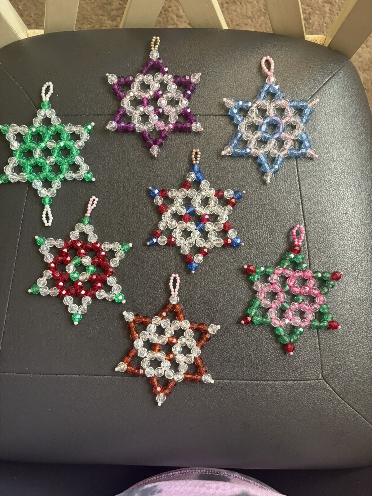 VINTAGE MID-CENTURY LOT OF 7 BEADED HAND MADE STAR CHRISTMAS ORNAMENTS