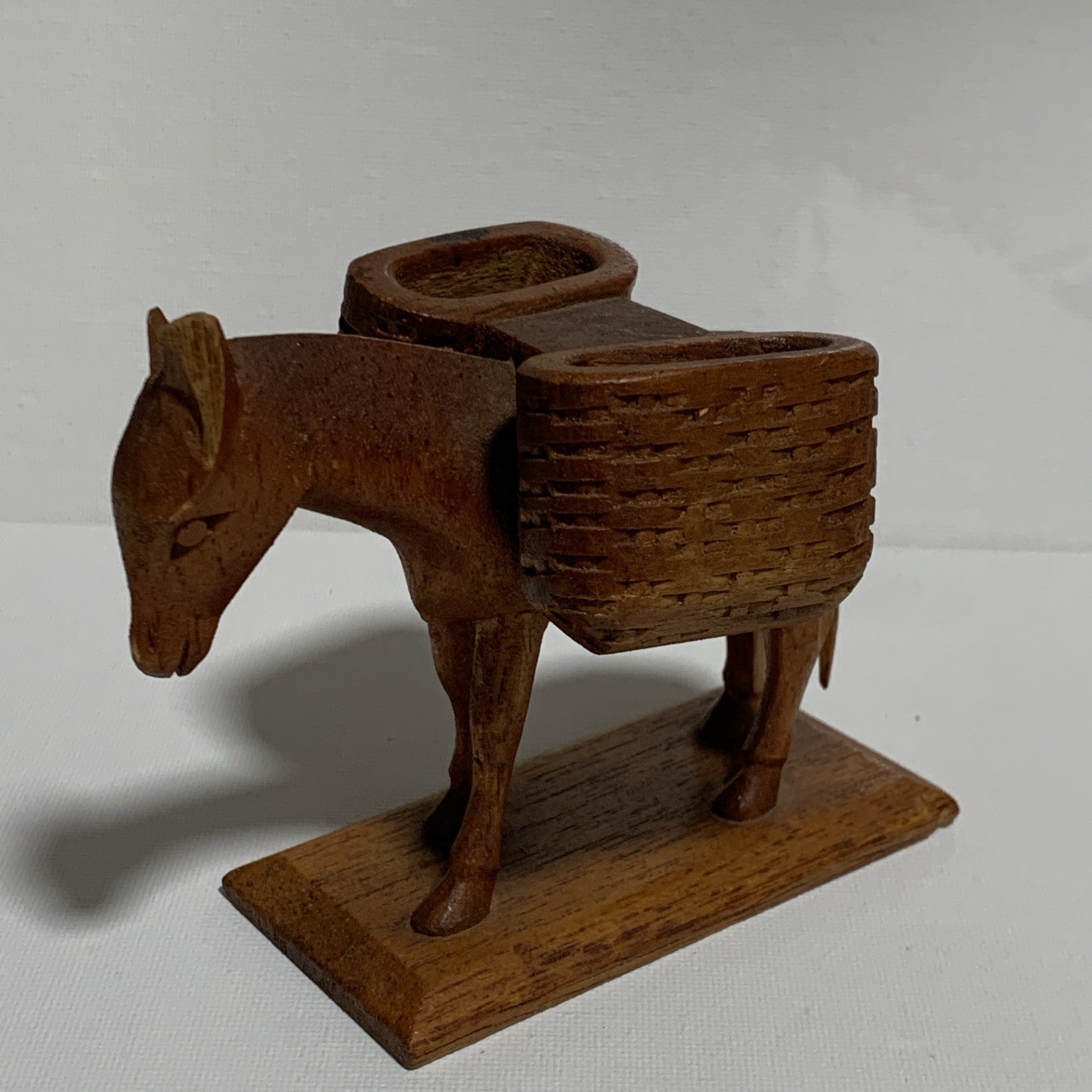 Beautiful Wood Carving Donkey with 2 Basket on Wood Base 
