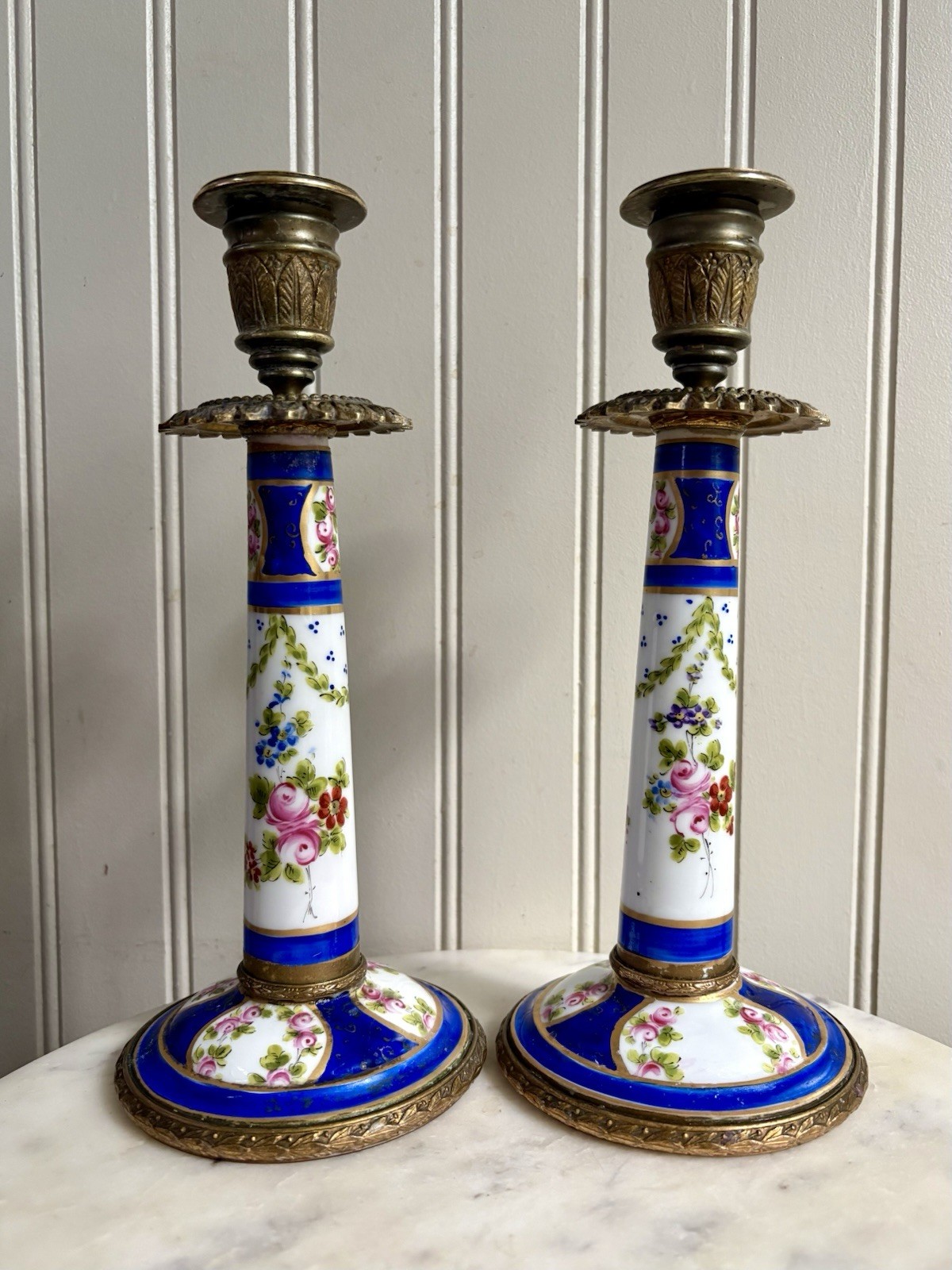 Antique L.P. Paris Sèvres-Style Porcelain & Bronze Hand-Painted Candlesticks VTG