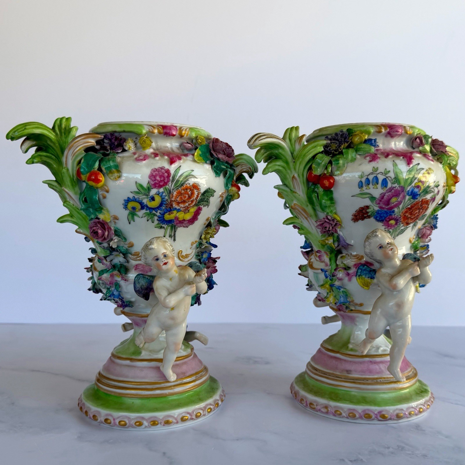 Antique Pair Dresden Style Porcelain Cherub Vases Applied Flowers Gilt No Lids