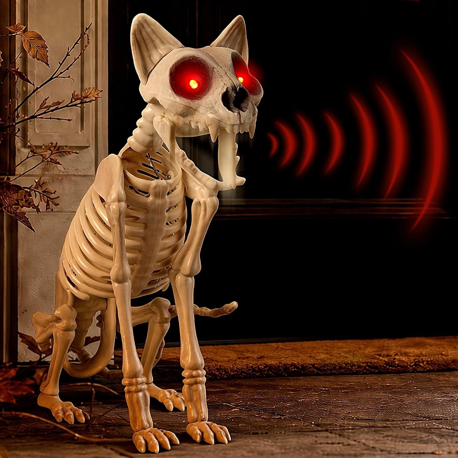 Halloween Animatronic Skeleton Cat 15 Inch, Sound & Touch Activated Halloween De