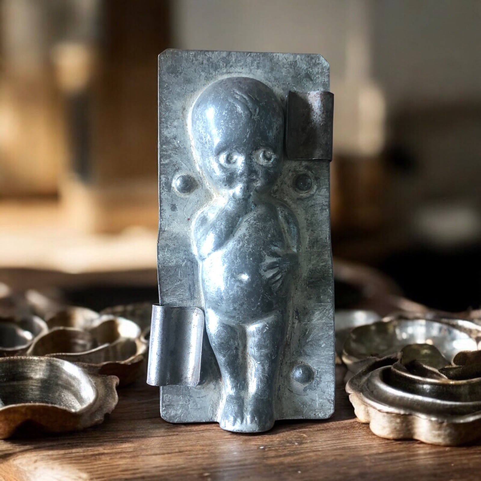 Vintage Primitive Tin Kewpie Baby Chocolate Candy Mold 4 1/2” with Clips