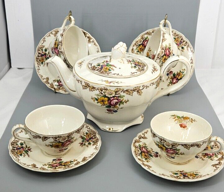Grindley Royal Petal Tea Pot~4 Cups & Saucers~Marlborough~Acorn Floral Pheasants